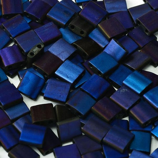 Miyuki Tila / Half Tila / Quater Tila 2-hole Beads, Black Azurro full Matted (#55110), Glass, Japan