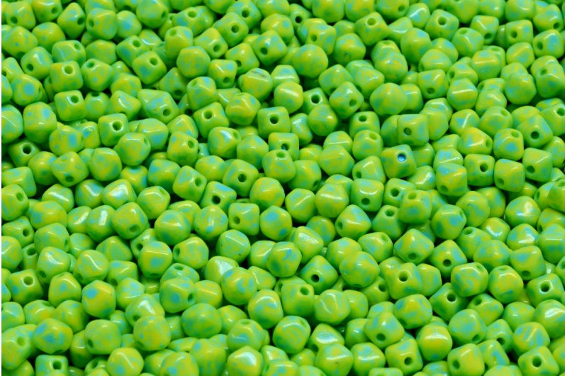 Bicone Beads, Yellow Turqouise Spotted (83120-33309), Glass, Czech Republic