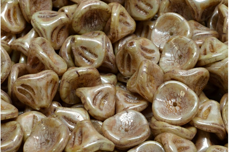 Daylily Flower Beads, White Stain With Luster Green (02010-65455), Glass, Czech Republic