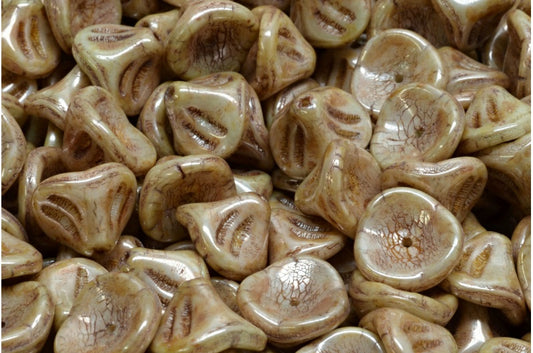 Daylily Flower Beads, White Stain With Luster Green (02010-65455), Glass, Czech Republic