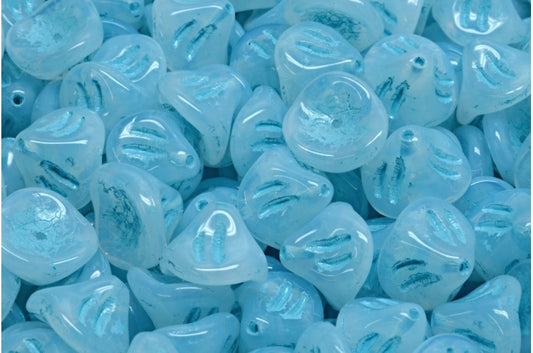 Daylily Flower Beads, Opal White Light Blue Lined (01000-54308), Glass, Czech Republic