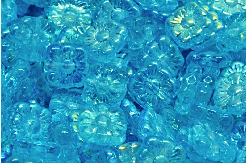 Square Flower Beads, Crystal Ab Light Aqua Blue (00030-28701-34308), Glass, Czech Republic