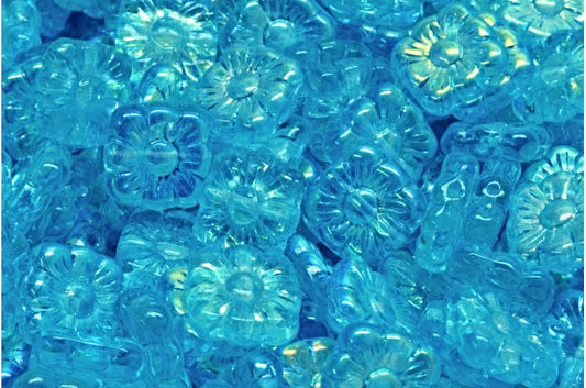 スクエアフラワービーズ、クリスタルABライトアクアブルー（00030-28701-34308）、ガラス、チェコ共和国