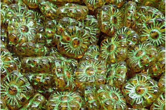 Square Flower Beads, Crystal Travertin Green (00030-86800-43813), Glass, Czech Republic