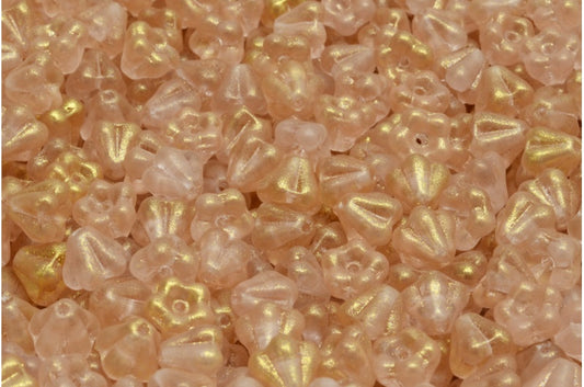 Bell Flower Beads, Transparent Pink Matte Gold Splash (70130-84100-56902), Glass, Czech Republic