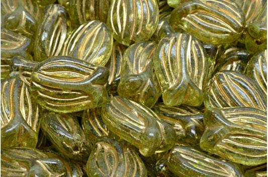 ミニチューリップビーズ、クリスタルゴールドライン入りライトグリーン（00030-54302-34310）、ガラス、チェコ共和国