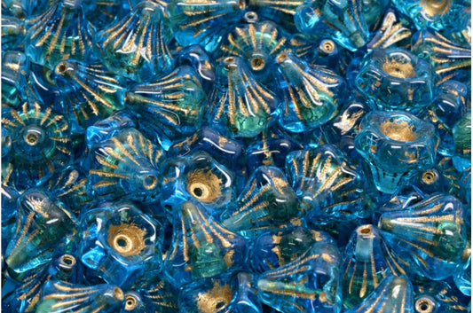 Flower Bell Beads, Crystal Transparent Aqua Gold Lined (00030-60040-54302), Glass, Czech Republic