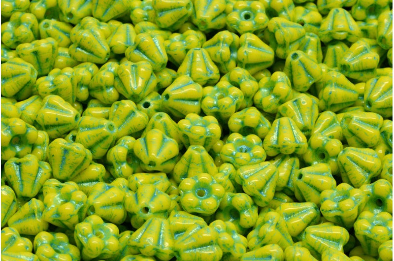 OUTLET 10 grams Bell Flower Beads, 4 x 6 mm, Yellow Light Blue Lined (83120-54308), Glass, Czech Republic