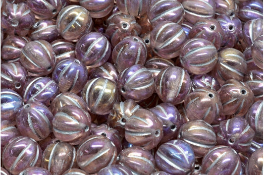 Melon Beads, Transparent Pink Silver Lined Rainbow Iris (70120-54301-21405), Glass, Czech Republic
