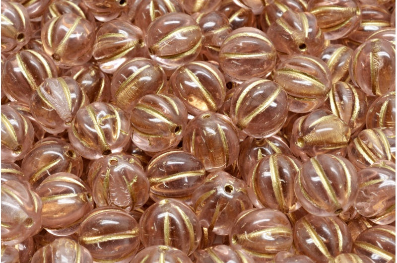 Melon Beads, Transparent Pink Gold Lined (70120-54302), Glass, Czech Republic