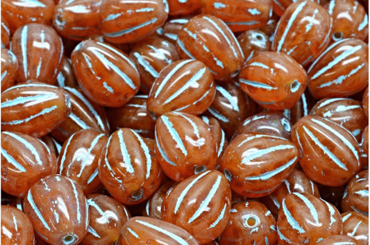 Drop Melon Beads, Opal Pink Travertin Light Blue Lined (71010-86800-54308), Glass, Czech Republic