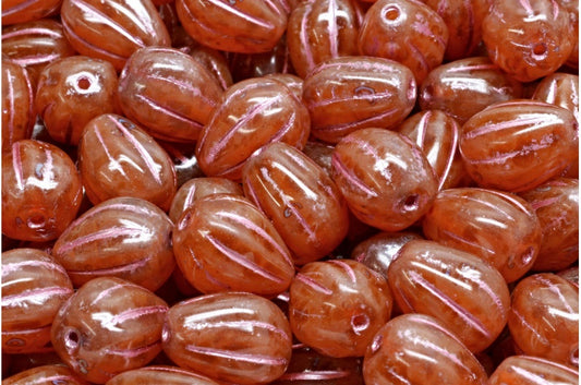 ドロップメロンビーズ、オパールピンクトラバーチンピンクライン（71010-86800-54321）、ガラス、チェコ共和国