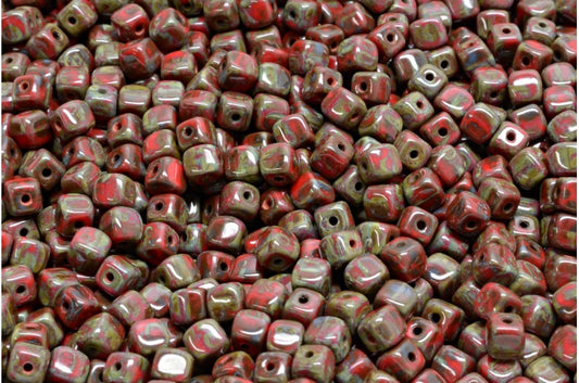 Cube Beads, Opaque Red Travertin (93200-86800), Glass, Czech Republic