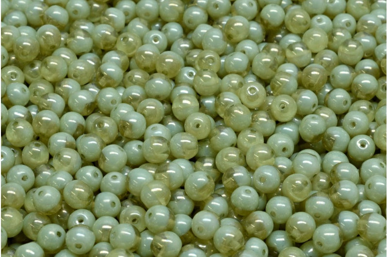 Round Druck Beads, Transparent Light Topaz Yellow White Luster Green Full Coated (10020-02010-14457), Glass, Czech Republic