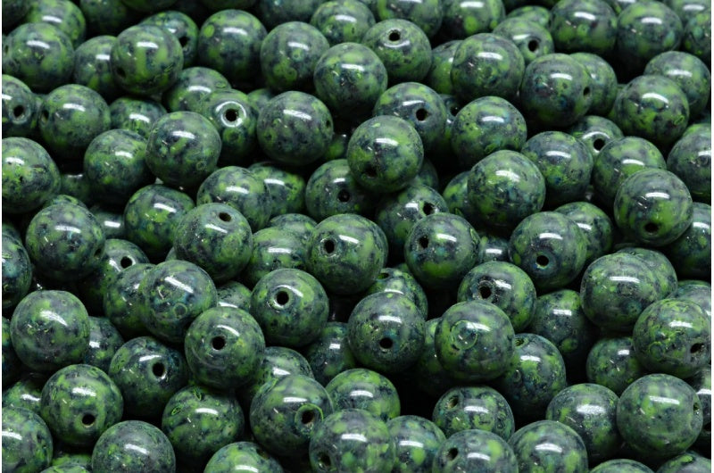 Round Druck Beads, Transparent Red Travertin Green Spotted (90110-86800-33311), Glass, Czech Republic
