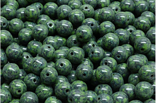 Round Druck Beads, Transparent Red Travertin Green Spotted (90110-86800-33311), Glass, Czech Republic