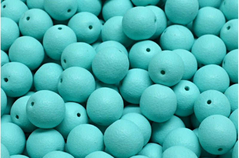 Round Druck Beads, White Bright Turquoise Matte (02010-22M16), Glass, Czech Republic