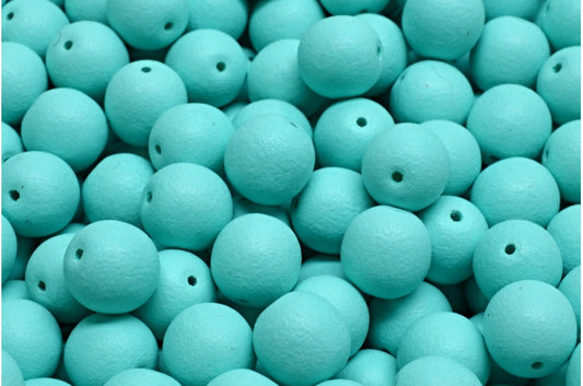 Round Druck Beads, White Bright Turquoise Matte (02010-22M16), Glass, Czech Republic