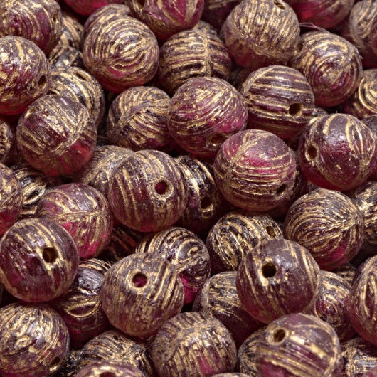 Round Druck Beads, Transparent Red Etched Gold Lined (70350-ETCH-54302), Glass, Czech Republic
