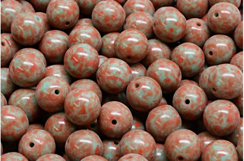 Round Druck Beads, Turquoise Beige Orange Spotted (63130-33307), Glass, Czech Republic