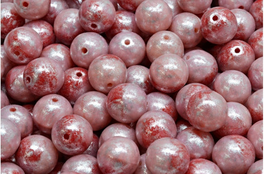 Round Druck Beads, Opal Pink Opal Red Silver Gray (71010-91240-34301), Glass, Czech Republic