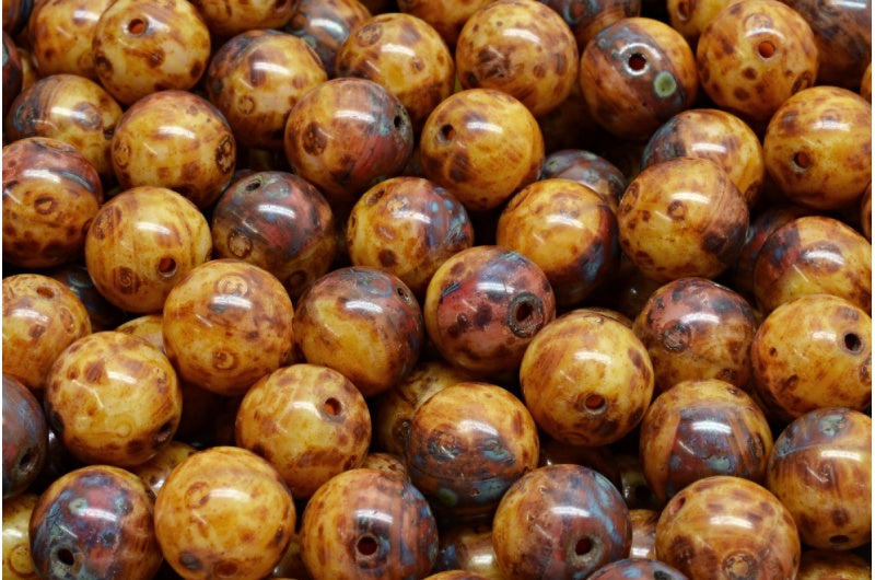 Round Druck Beads, Opal Pink Opal Red Travertin (71010-91240-86800), Glass, Czech Republic