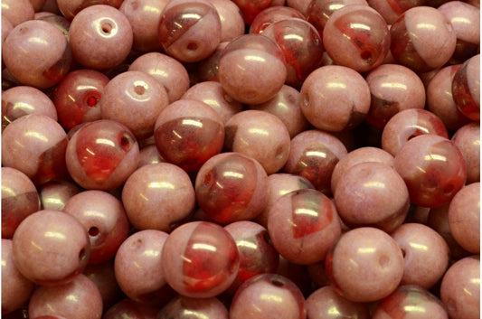 Round Druck Beads, Ruby Red Chalk White Luster Red Full Coated (90080-03000-14495), Glass, Czech Republic
