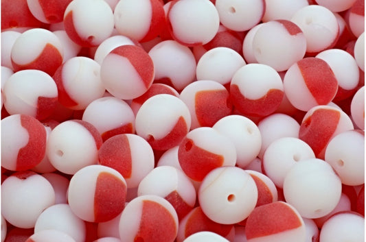 Round Druck Beads, Ruby Red Chalk White Matte (90080-03000-84100), Glass, Czech Republic