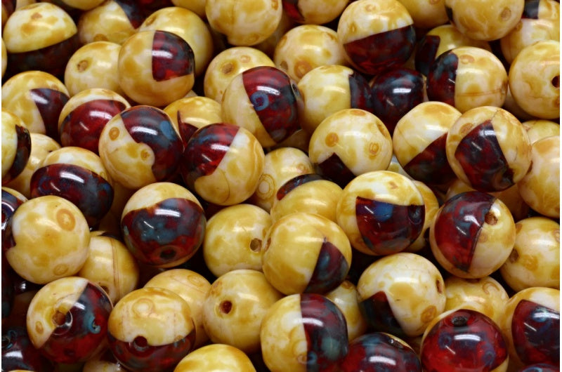 圆形 Druck 珠，红宝石色粉笔白色石灰华 (90080-03000-86800)，玻璃，捷克共和国