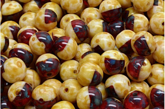 圆形 Druck 珠，红宝石色粉笔白色石灰华 (90080-03000-86800)，玻璃，捷克共和国