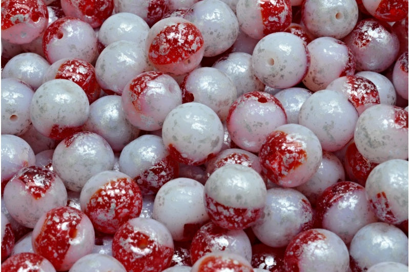 Round Druck Beads, Ruby Red Chalk White Silver Splash (90080-03000-94400), Glass, Czech Republic