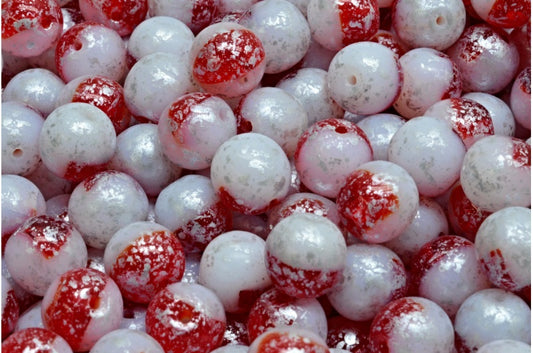 Round Druck Beads, Ruby Red Chalk White Silver Splash (90080-03000-94400), Glass, Czech Republic
