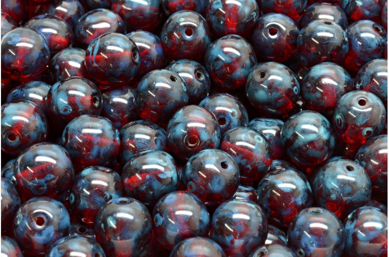 Round Druck Beads, Ruby Red Travertin (90080-86800), Glass, Czech Republic