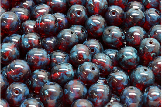 Round Druck Beads, Ruby Red Travertin (90080-86800), Glass, Czech Republic