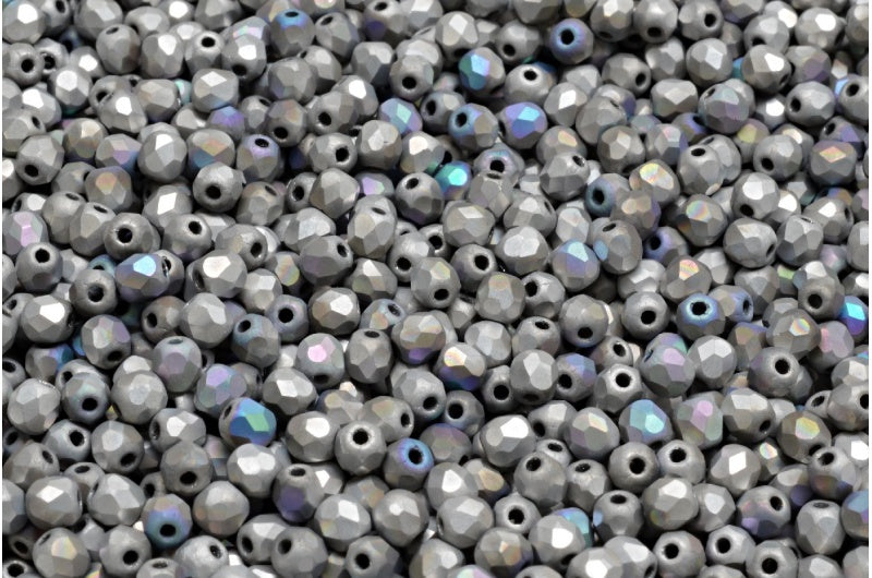 Faceted Round Fire Polished Beads, Crystal Matte Silver Blue (00030-84100-98553), Glass, Czech Republic