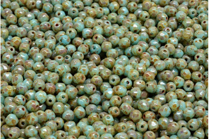 ファセット加工ラウンドファイアポリッシュビーズ、ターコイズブルートラバーチン（63030-86800）、ガラス、チェコ共和国