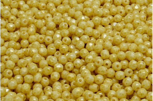 多面圆形火抛光珠，粉笔白浅黄色（03000-34302），玻璃，捷克共和国