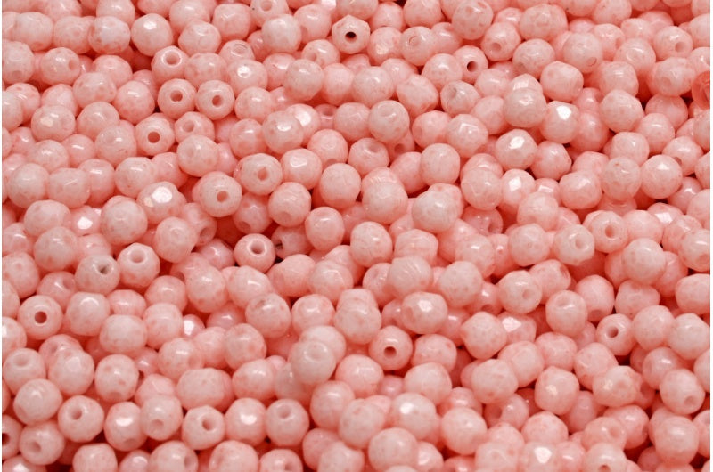 多面圆形火抛光珠，粉笔白浅粉色 (03000-34304)，玻璃，捷克共和国