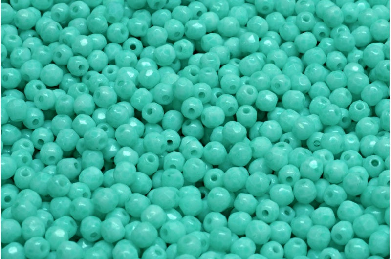 ファセット加工ラウンドファイアポリッシュビーズ、チョークホワイトライトターコイズ（03000-34309）、ガラス、チェコ共和国