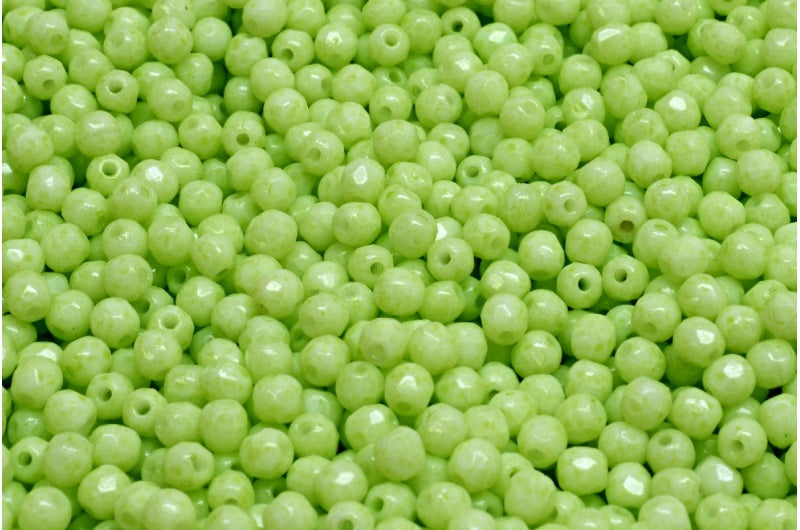 Faceted Round Fire Polished Beads, Chalk White Light Green (03000-34310), Glass, Czech Republic