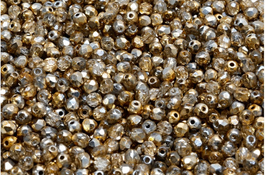 ファセットラウンドファイアポリッシュビーズ、クリスタルクリスタルシルバーハーフコーティング97387（00030-27001-97387）、ガラス、チェコ共和国