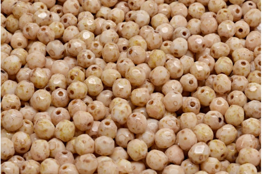 Faceted Round Fire Polished Beads, Chalk White Travertin Beige Travertin Spotted (03000-86800-33301), Glass, Czech Republic