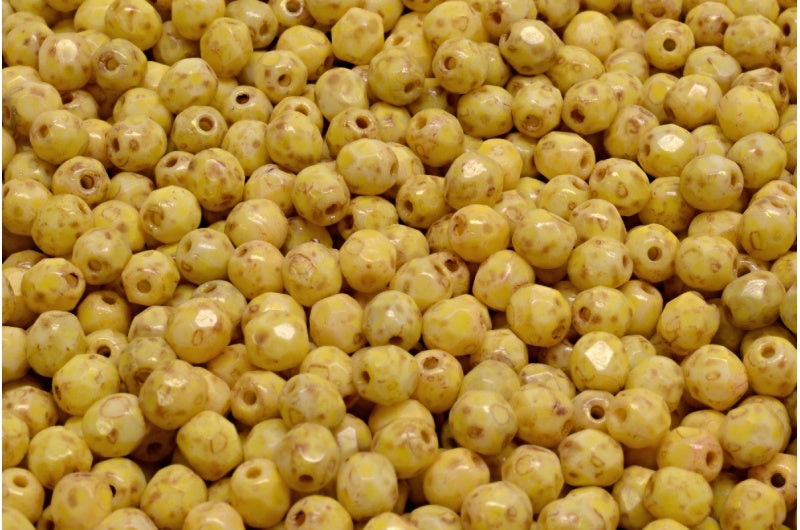 Faceted Round Fire Polished Beads, Chalk White Travertin Beige Yellow Spotted (03000-86800-33303), Glass, Czech Republic