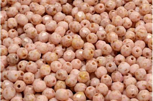 多面圆形火抛光珠，粉笔白石灰华暖紫色斑点 (03000-86800-33304)，玻璃，捷克共和国