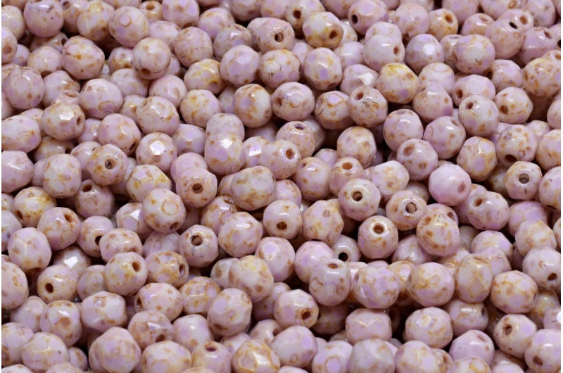 多面圆形火抛光珠，粉笔白石灰华冷紫色斑点 (03000-86800-33305)，玻璃，捷克共和国