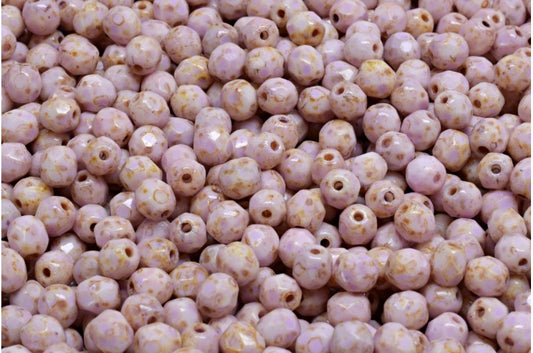 多面圆形火抛光珠，粉笔白石灰华冷紫色斑点 (03000-86800-33305)，玻璃，捷克共和国