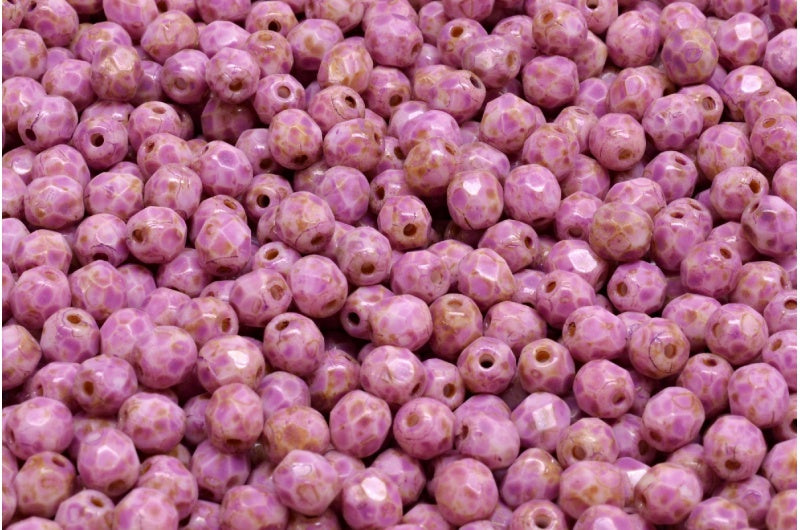 Faceted Round Fire Polished Beads, Chalk White Travertin Pink Spotted (03000-86800-33306), Glass, Czech Republic