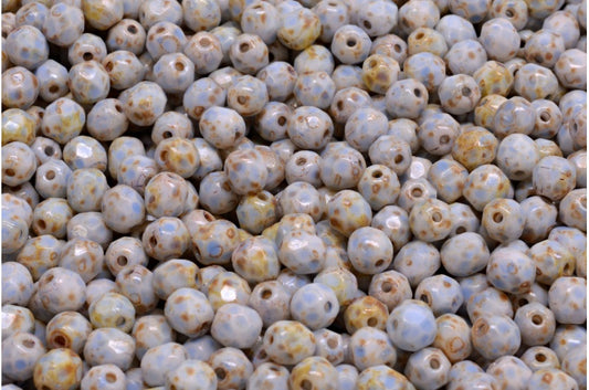 Faceted Round Fire Polished Beads, Chalk White Travertin Blue Spotted (03000-86800-33308), Glass, Czech Republic