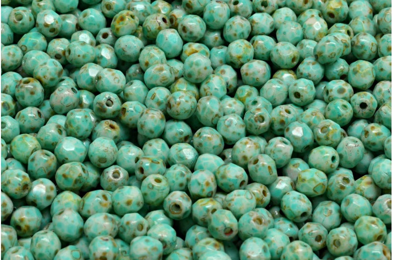 多面圆形火抛光珠，粉笔白石灰华绿松石斑点 (03000-86800-33310)，玻璃，捷克共和国