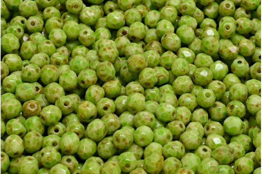 多面圆形火抛光珠，粉笔白石灰华绿色斑点 (03000-86800-33311)，玻璃，捷克共和国